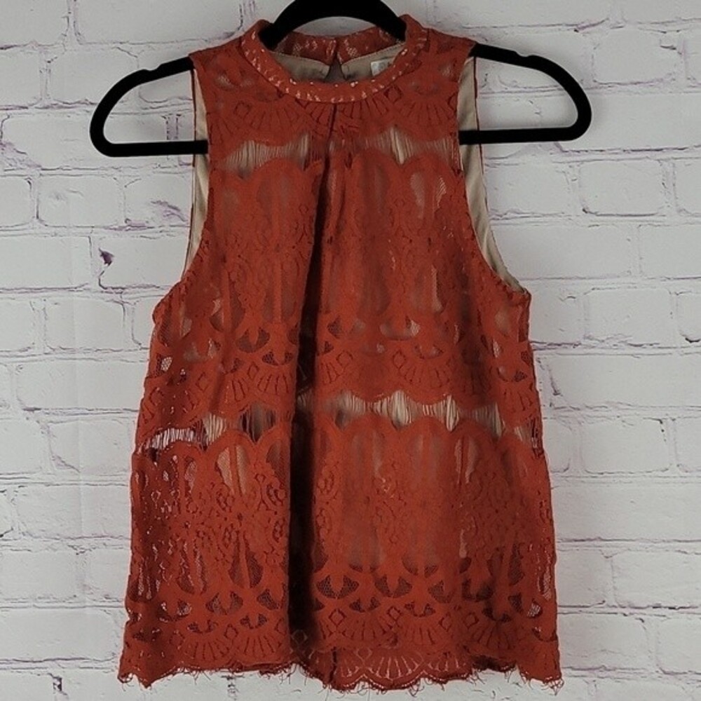 Love Fire Orange Blouse Size Small. Orange Sleeveless w/ Nude Underlay.